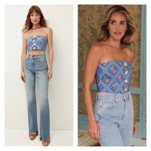 Veronica Beard Ziene Linen Blend Bustier Top In Light Blue Multi Size 12